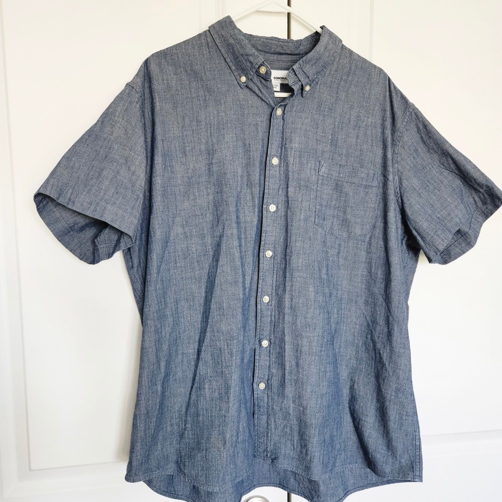 Sonoma Button Down Shirt Mens Sz XXL - Denim Blue Short Sleeve Casual Dress